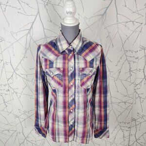 True Religion Pink Plaid Cotton Pearl Snap Western Blouse